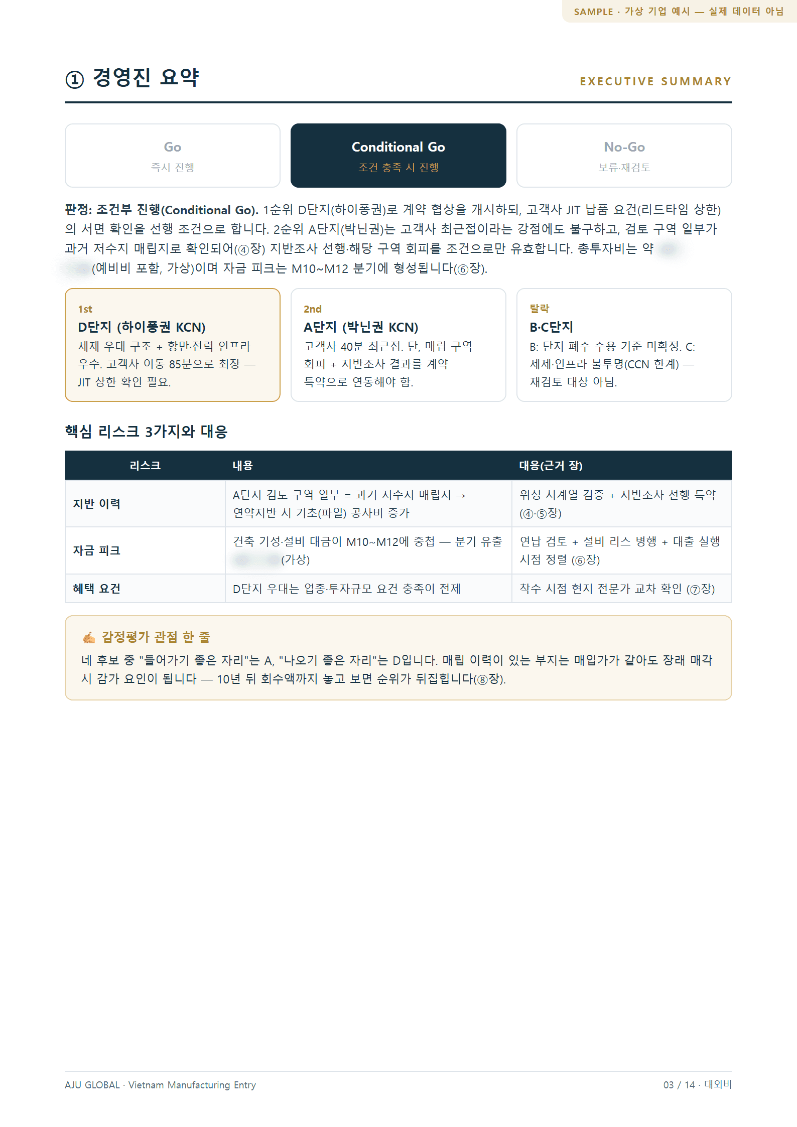 경영진 요약 — Go·조건부·보류 판정